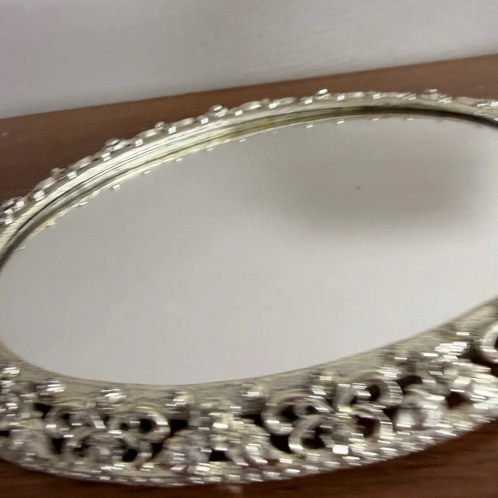 Vintage Ornate Oval Vanity Mirror Cast Metal Floral Filigree Hollywood Regency